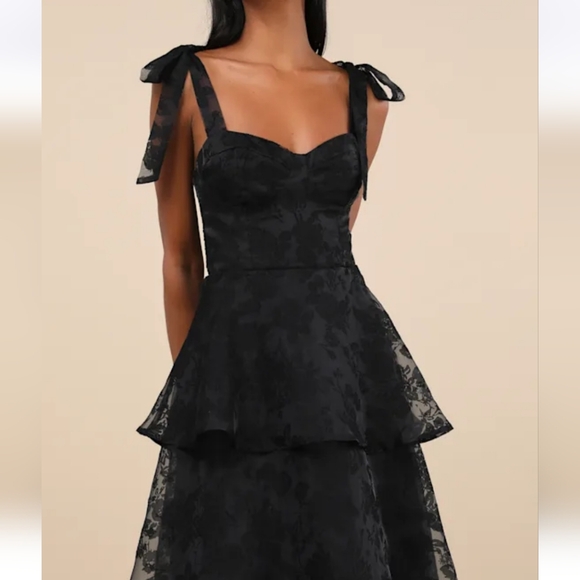 Lulu's Sweetie Black Burnout Tie-Strap Bustier Midi Dress - Picture 3 of 7